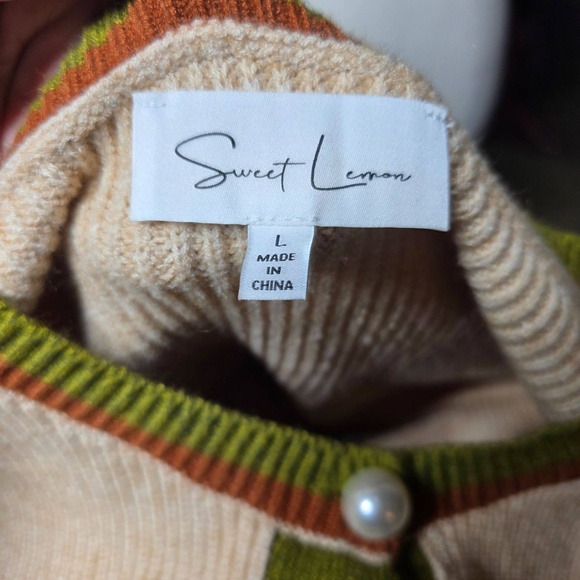 Sweet Lemon Color Block Ribbed Knit Sweater Women's Size Large Pearl‎ Buttons - Picture 5 of 12